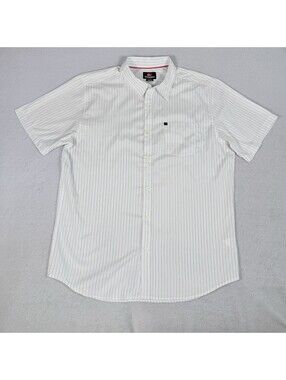 vtg y2k Quiksilver Shirt Mens XL White Stripe Short Sleeve Button Casual Surf